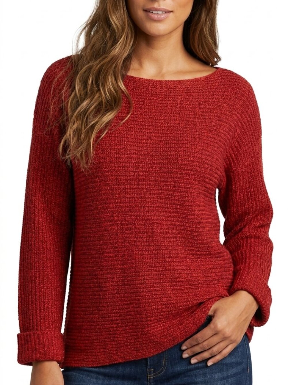 Red Textured Knit Sweater Boat Neck Long Sleeve Pullover Cozy Long Sleeve Preppy